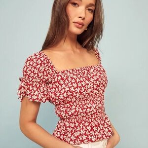 Reformation red floral printed ruched top